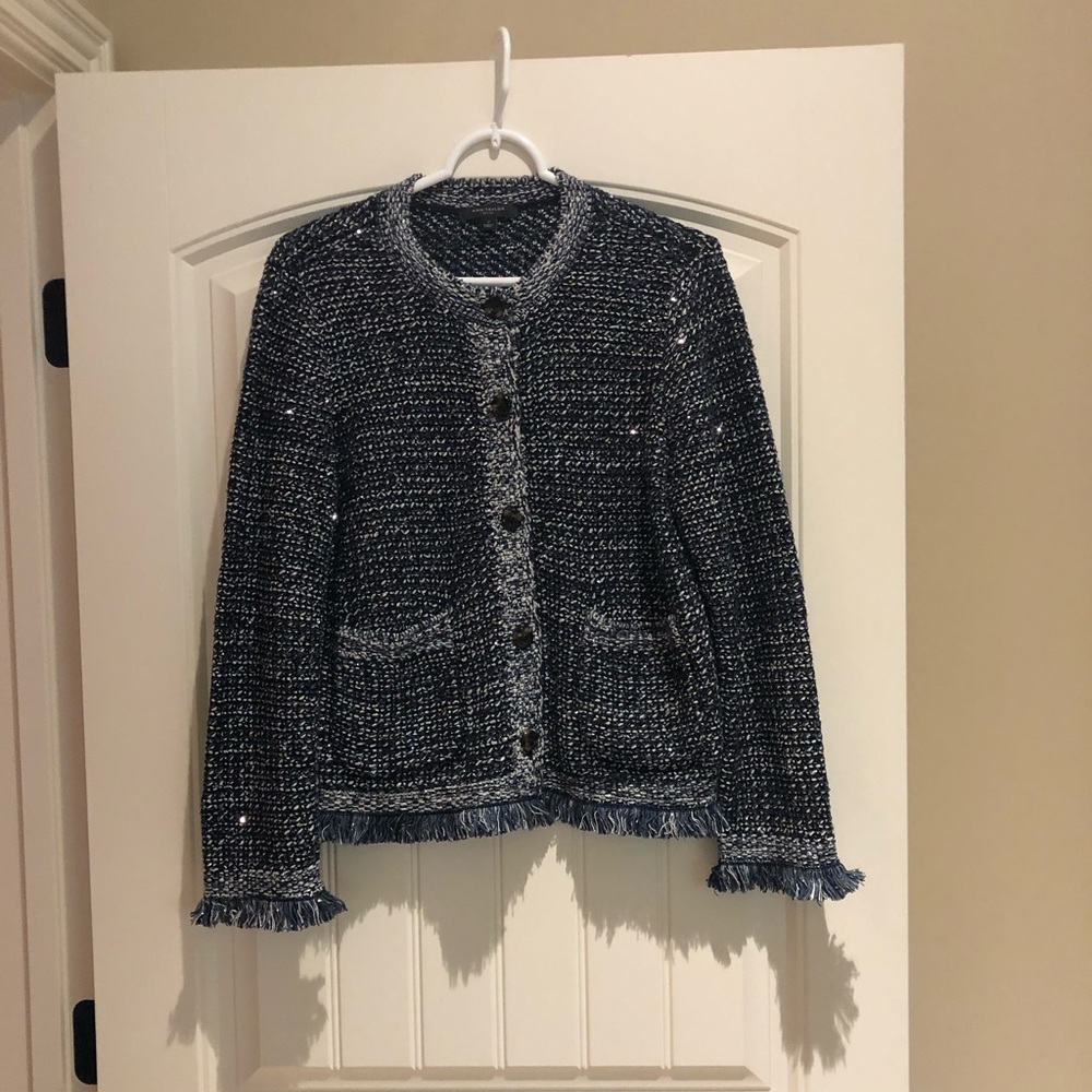 Ann Taylor blue cardigan with fringe. Size petite large